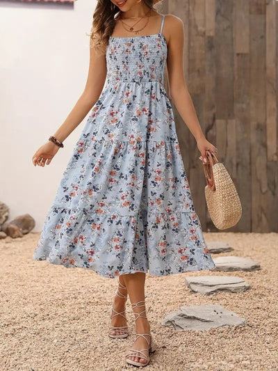 Women's Spaghetti Strap Wide V-Neck Patterned Long Supima Dress, 26338