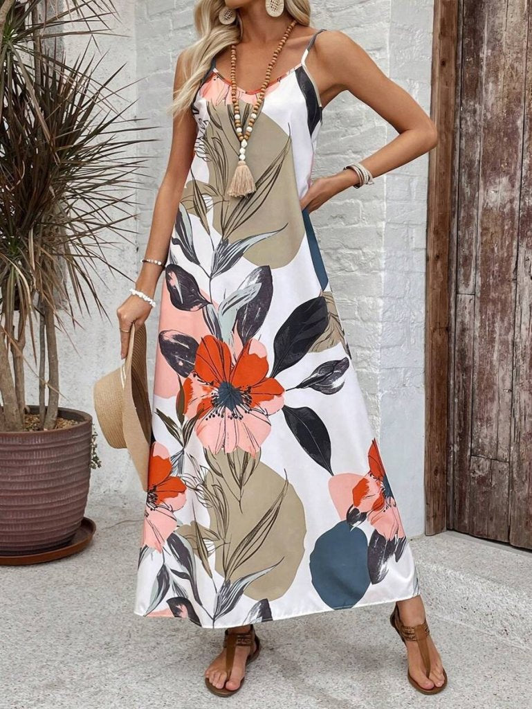 Rochie de damă din poplin, cu bretele subțiri, decolteu amplu în V și imprimeu, 34080