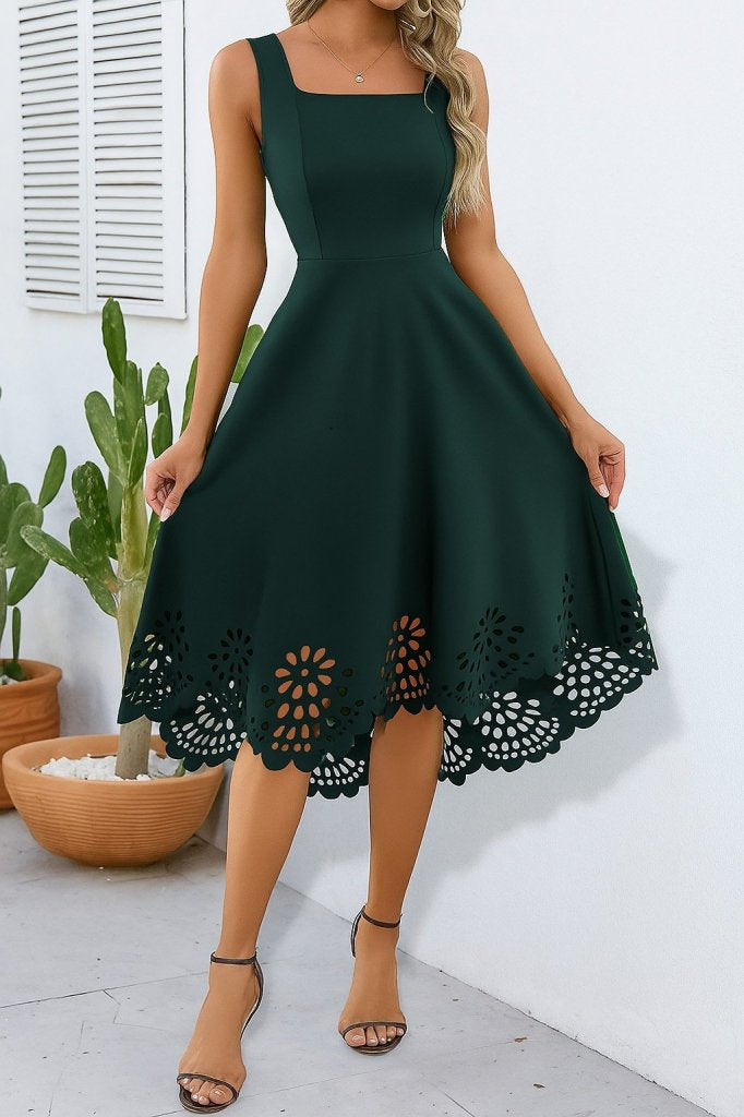 Women's Strappy Geometric Neck Floral Laser Cut Imported Crepe Dress, 34574