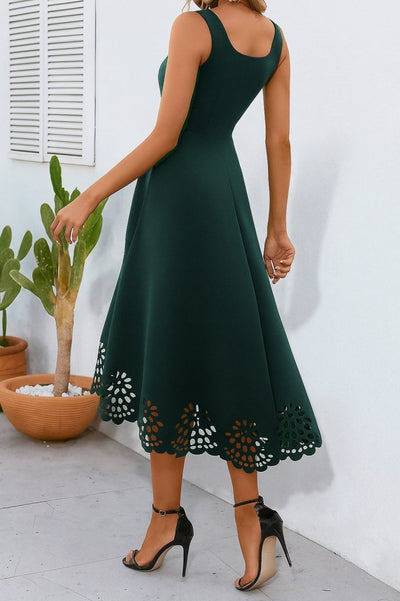 Women's Strappy Geometric Neck Floral Laser Cut Imported Crepe Dress, 34574