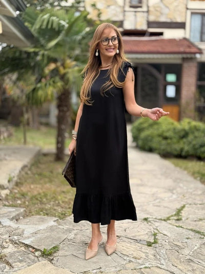Rochie de damă din crep cu volane, cu guler tip barcă și umeri încrețiți, 34164