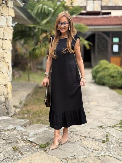 Rochie de damă din crep cu volane, cu guler tip barcă și umeri încrețiți, 34164