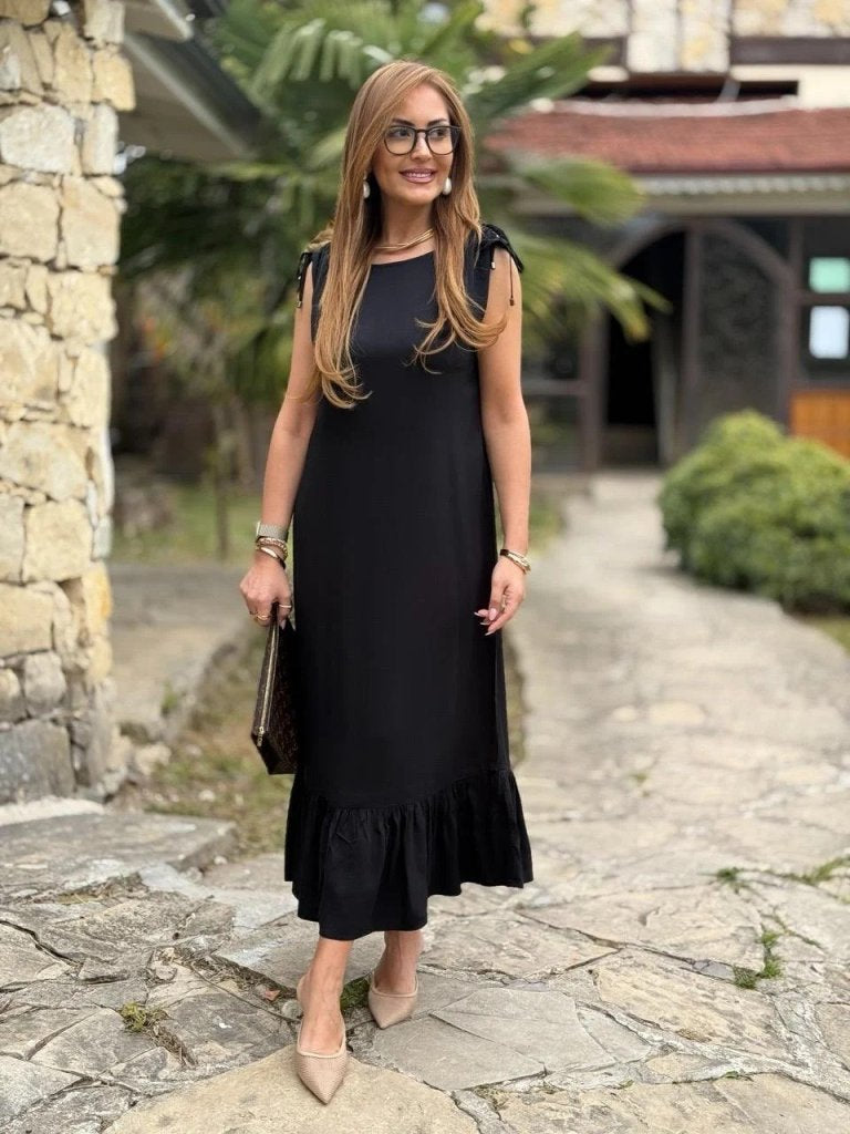 Rochie de damă din crep cu volane, cu guler tip barcă și umeri încrețiți, 34164