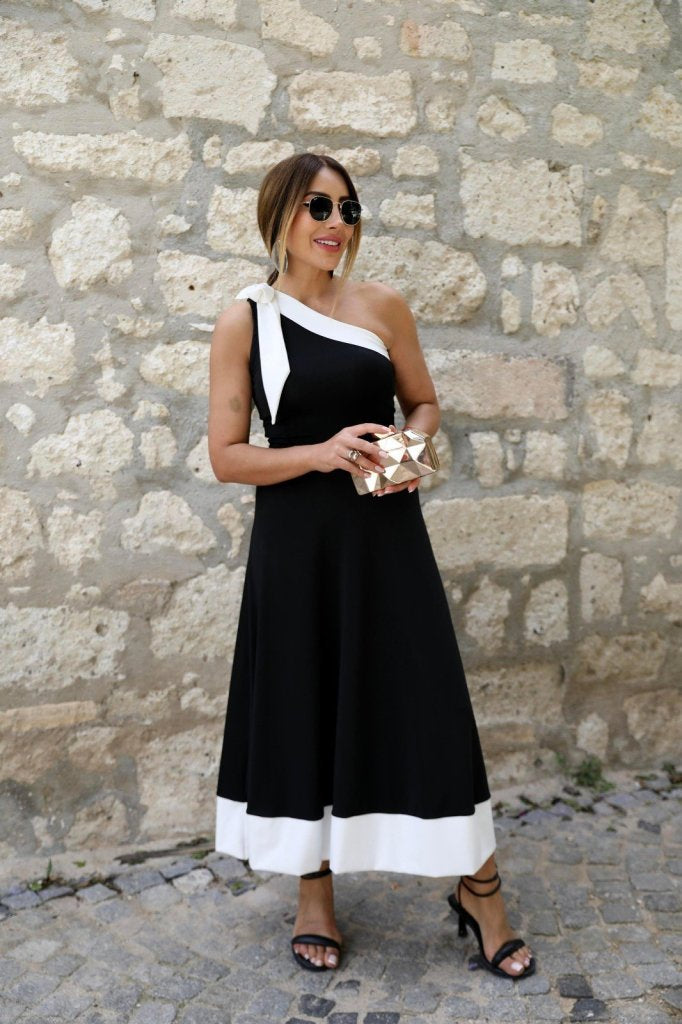 Rochie de damă cu un singur umăr și detaliu cu panglică, rochie din crep importat în două tonuri, 34442