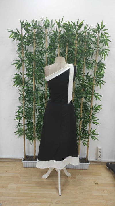 Rochie de damă cu un singur umăr și detaliu cu panglică, rochie din crep importat în două tonuri, 34442