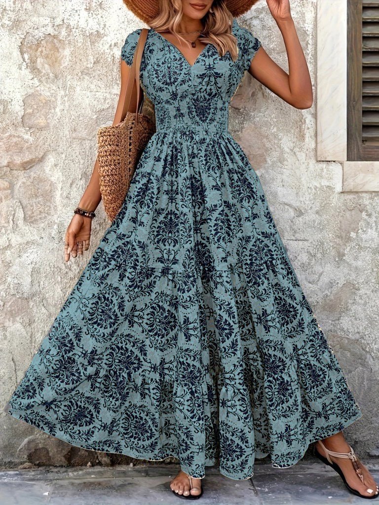 Kadın Kısa Kollu Kruvaze Yaka Beli Lastikli Süprem Maksi Boy Elbise, 34757