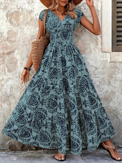 Kadın Kısa Kollu Kruvaze Yaka Beli Lastikli Süprem Maksi Boy Elbise, 34757