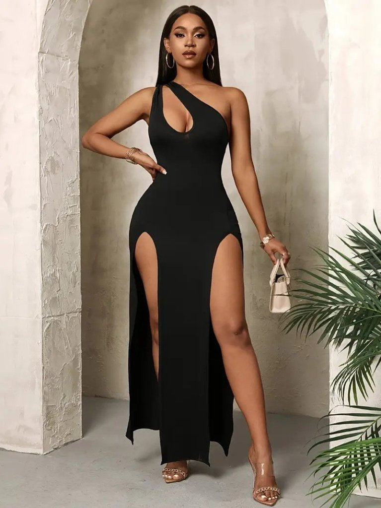 Rochie lungă din crep strălucitor, cu un singur umăr, cu detaliu de cădere și crăpături, pentru femei, 25503