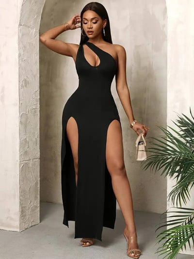 Rochie lungă din crep strălucitor, cu un singur umăr, cu detaliu de cădere și crăpături, pentru femei, 25503