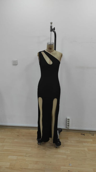 Rochie lungă din crep strălucitor, cu un singur umăr, cu detaliu de cădere și crăpături, pentru femei, 25503