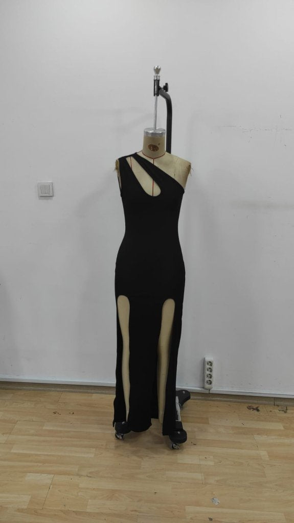 Rochie lungă din crep strălucitor, cu un singur umăr, cu detaliu de cădere și crăpături, pentru femei, 25503
