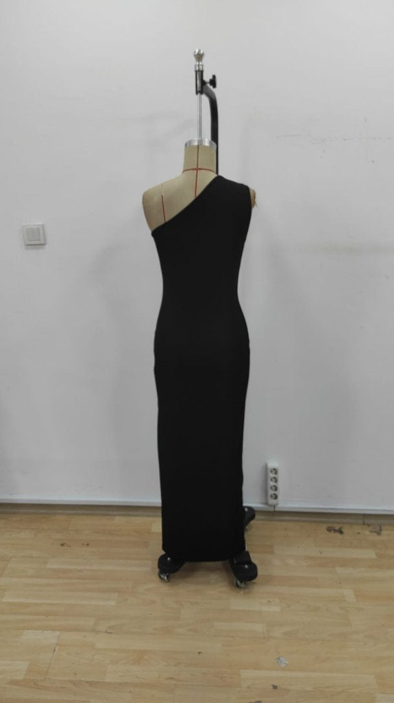 Rochie lungă din crep strălucitor, cu un singur umăr, cu detaliu de cădere și crăpături, pentru femei, 25503