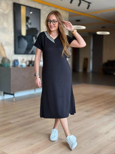 Rochie midi din viscoză cu două fire, cu mânecă scurtă, decolteu în V și crăpături nervurate, 25509