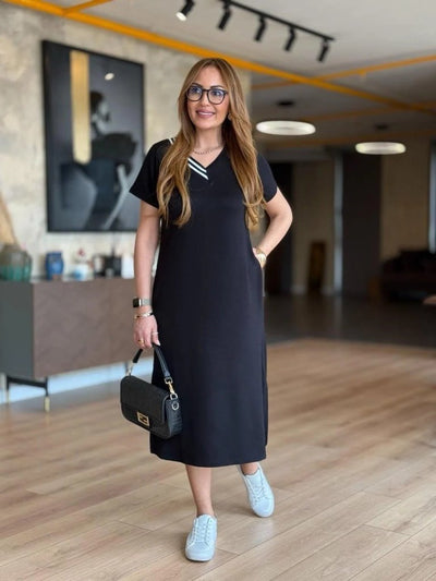 Rochie midi din viscoză cu două fire, cu mânecă scurtă, decolteu în V și crăpături nervurate, 25509