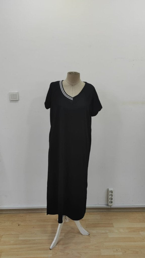 Rochie midi din viscoză cu două fire, cu mânecă scurtă, decolteu în V și crăpături nervurate, 25509