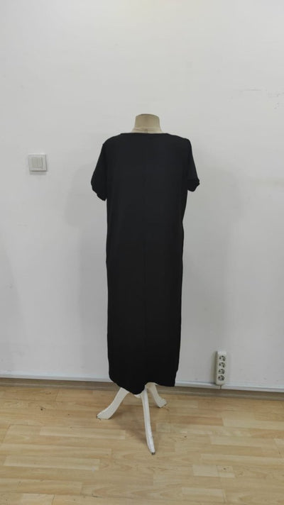 Rochie midi din viscoză cu două fire, cu mânecă scurtă, decolteu în V și crăpături nervurate, 25509