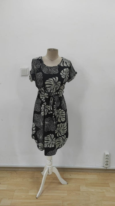 Rochie midi din crep tricotat, cu mânecă scurtă, guler rotund, model și curea, pentru femei, 33998