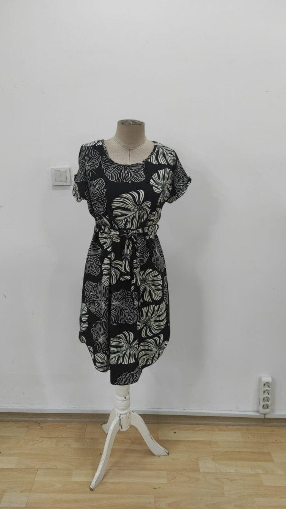 Rochie midi din crep tricotat, cu mânecă scurtă, guler rotund, model și curea, pentru femei, 33998