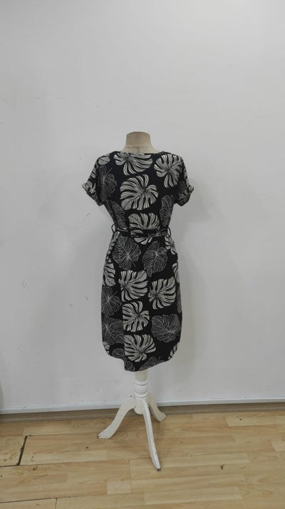Rochie midi din crep tricotat, cu mânecă scurtă, guler rotund, model și curea, pentru femei, 33998