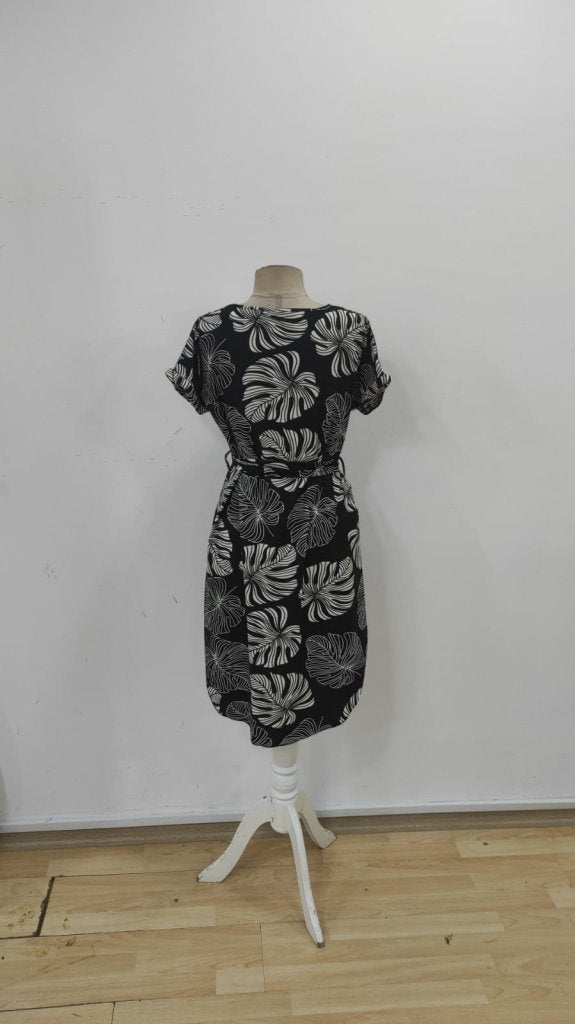 Rochie midi din crep tricotat, cu mânecă scurtă, guler rotund, model și curea, pentru femei, 33998