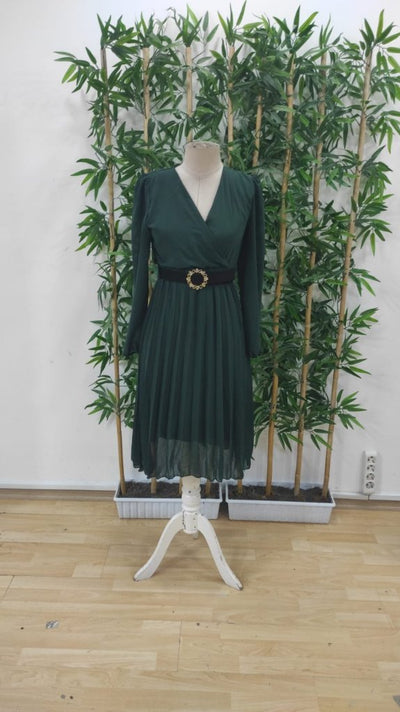 Kadın şifon Kumaş Astalı Kloş Kesim Kruvaze Yaka Midi Boy Elbise, 25583