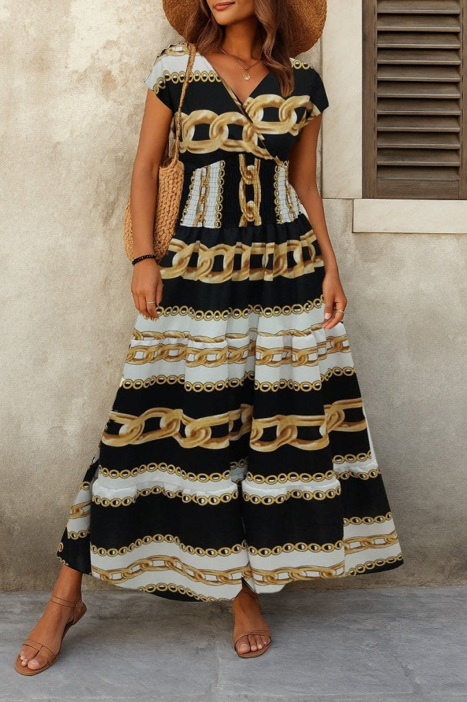 Rochie maxi damă din jerseu cu mânecă scurtă, decolteu petrecut și talie elastică, 25585