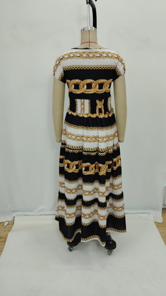 Rochie maxi damă din jerseu cu mânecă scurtă, decolteu petrecut și talie elastică, 25585