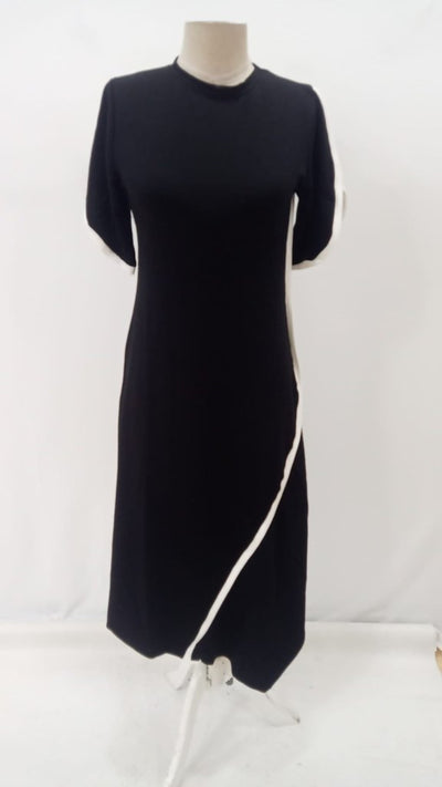 Women's Short Sleeve Crew Neck Double Stripe Color Detail Asymmetrical Cut Viscose Two-Thread Dress, 33809