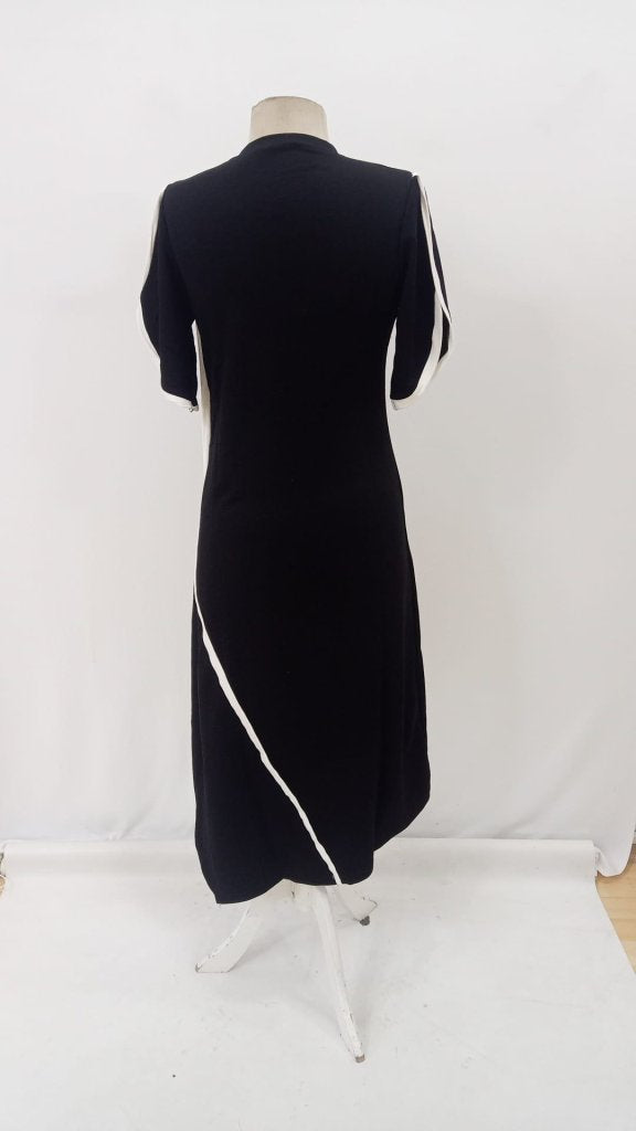 Women's Short Sleeve Crew Neck Double Stripe Color Detail Asymmetrical Cut Viscose Two-Thread Dress, 33809