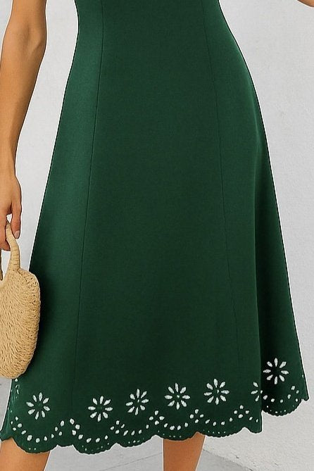 Women's Sleeveless Laser-Cut Floral Pattern Midi Imported Crepe Dress, 34055