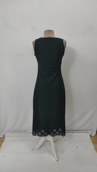 Women's Sleeveless Laser-Cut Floral Pattern Midi Imported Crepe Dress, 34055