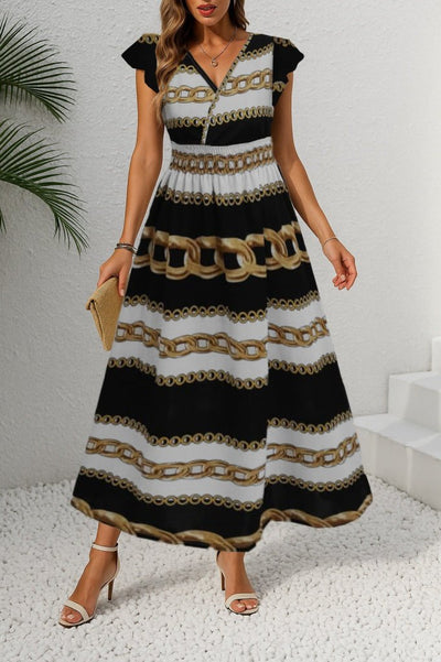 Women's Short-Sleeve Wrap Neck Elastic Waist Patterned Maxi Knitted Crepe Dress, 25864