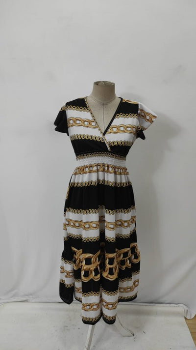 Women's Short-Sleeve Wrap Neck Elastic Waist Patterned Maxi Knitted Crepe Dress, 25864