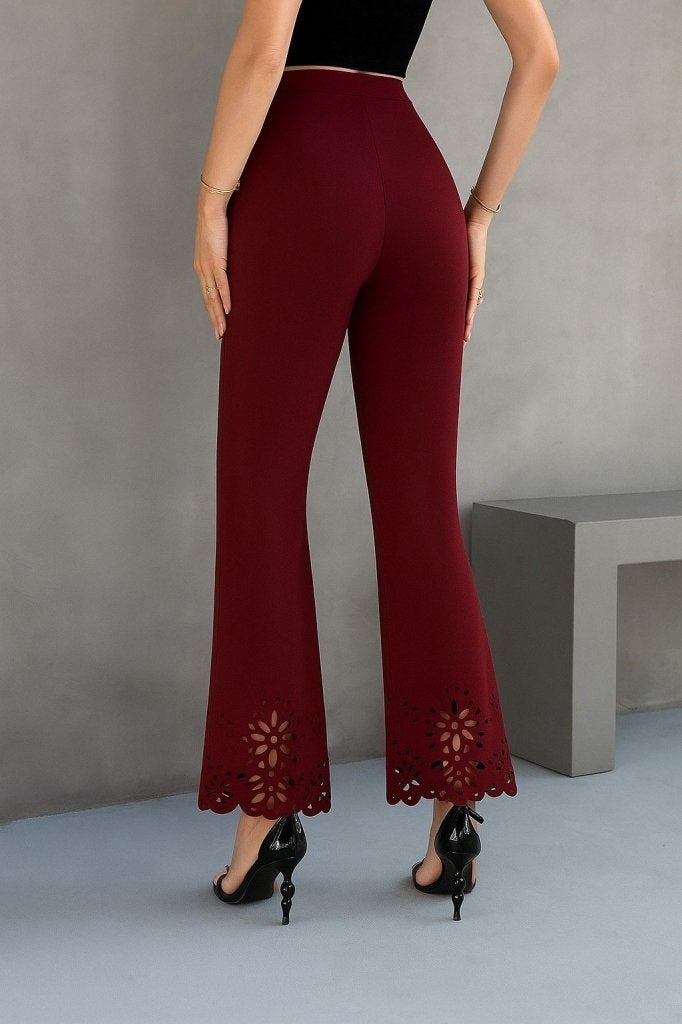 Pantaloni de damă din crep importat, cu talie înaltă, cu detalii florale, decupați cu laser, 30848