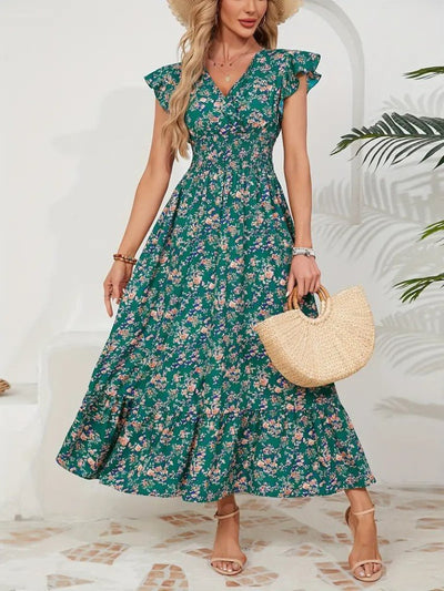 Rochie pentru femei cu mânecă scurtă, decolteu petrecut, talie elastică, cu imprimeu floral, 32816