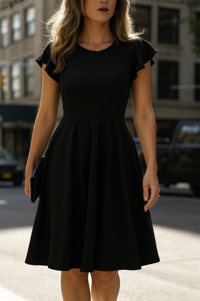 Rochie de damă din crep importat, plisată, cu mâneci fluture, guler rotund, 27311