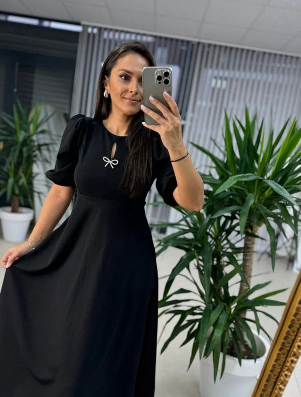 Kadın Kısa Kollu Bisiklet Yaka Fiyonk Broşlu Midi Janjan Krep Elbise , 25719