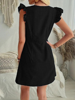 Rochie de damă din in, cu mâneci cu volane, decolteu în V și nasturi, 25724