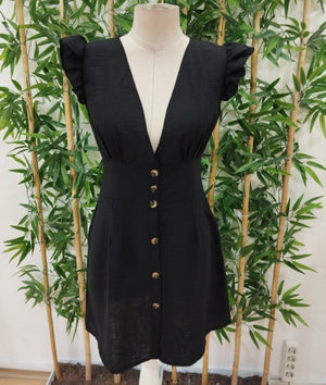 Rochie de damă din in, cu mâneci cu volane, decolteu în V și nasturi, 25724