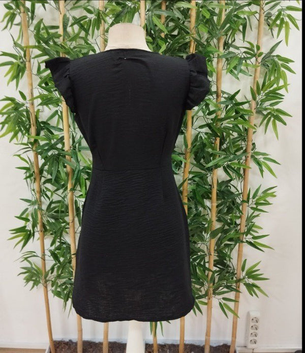 Rochie de damă din in, cu mâneci cu volane, decolteu în V și nasturi, 25724
