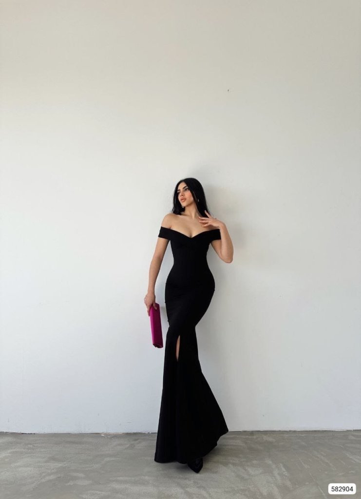 Kadın Madonna Yaka Ithal Krep Maksi Boy Elbise, 25763