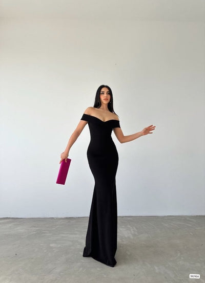 Kadın Madonna Yaka Ithal Krep Maksi Boy Elbise, 25763