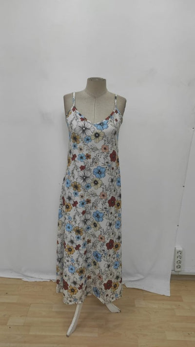 Women's Spaghetti Strap Wide V-Neck Patterned Supima Dress, 34081
