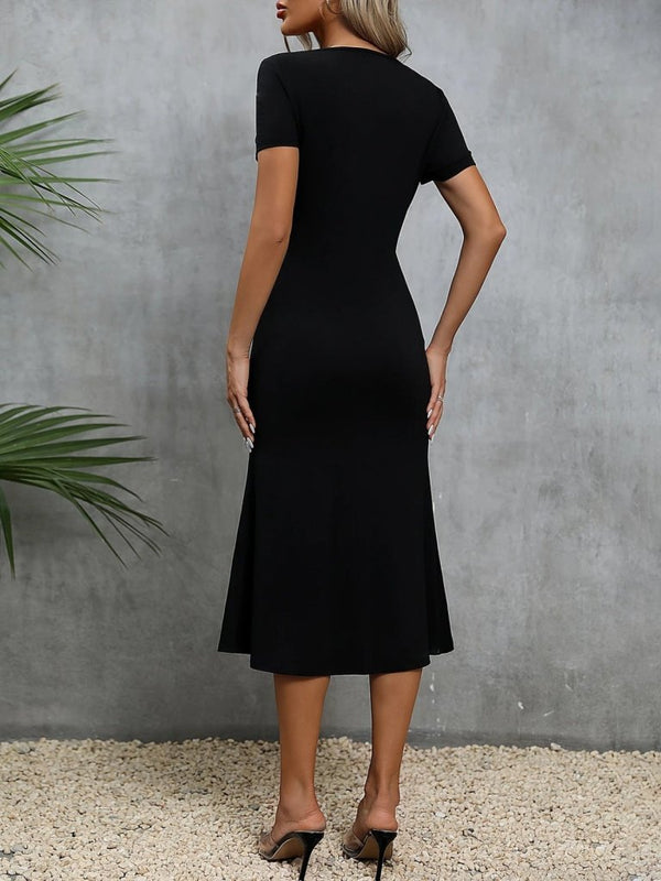 Rochie de damă cu mânecă scurtă, decolteu pătrat, cu șireturi, din crep strălucitor, 25896