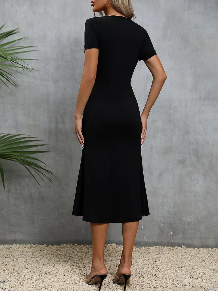 Rochie de damă cu mânecă scurtă, decolteu pătrat, cu șireturi, din crep strălucitor, 25896
