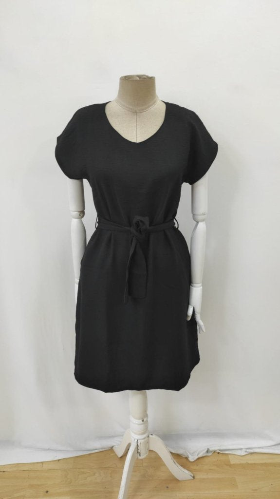 Rochie de damă din in importat, cu mânecă scurtă, decolteu în V și curea, 25911