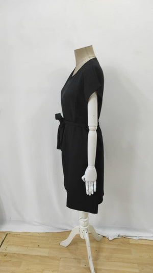 Rochie de damă din in importat, cu mânecă scurtă, decolteu în V și curea, 25911