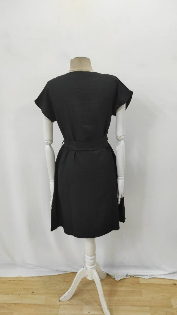 Rochie de damă din in importat, cu mânecă scurtă, decolteu în V și curea, 25911