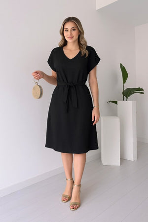 Rochie de damă din in importat, cu mânecă scurtă, decolteu în V și curea, 25911