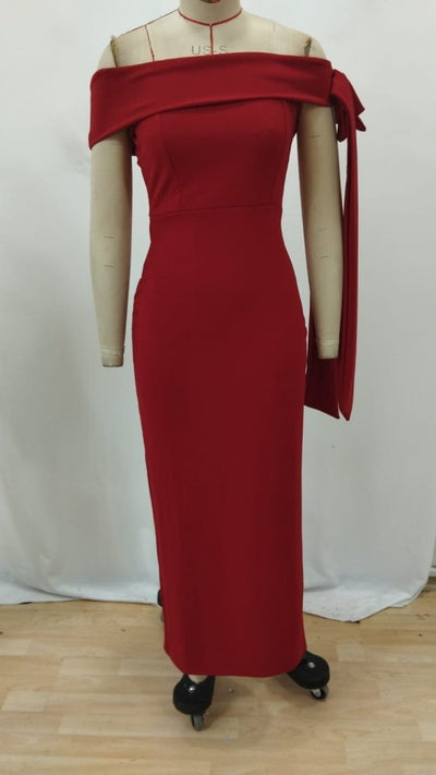 Rochie lungă din crep cu detaliu panglică și umeri goi pentru femei, 25986